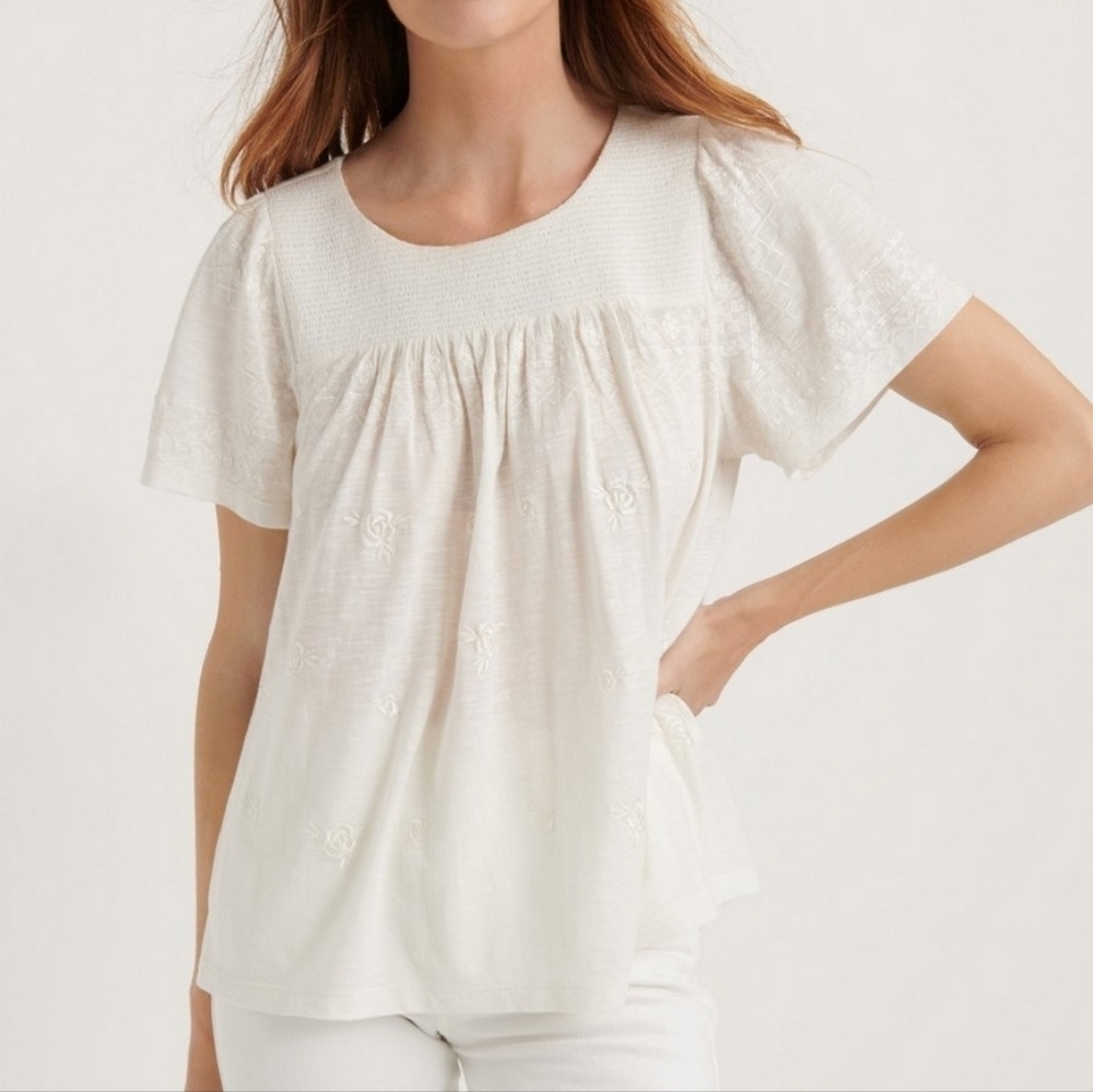 Lucky Brand Smocked Floral Ruched Sheer Short Sleeve Top | Size S